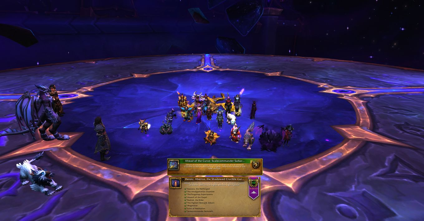 A screenshot of the World of Warcraft guild Ascent standing over the corpse of the final raid boss Scalecommander Sarkareth in the Aberrus raid on heroic difficulty.