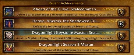 A screenshot of my last four achievements in World of Warcraft, wrapping up Dragonflight Season Two.