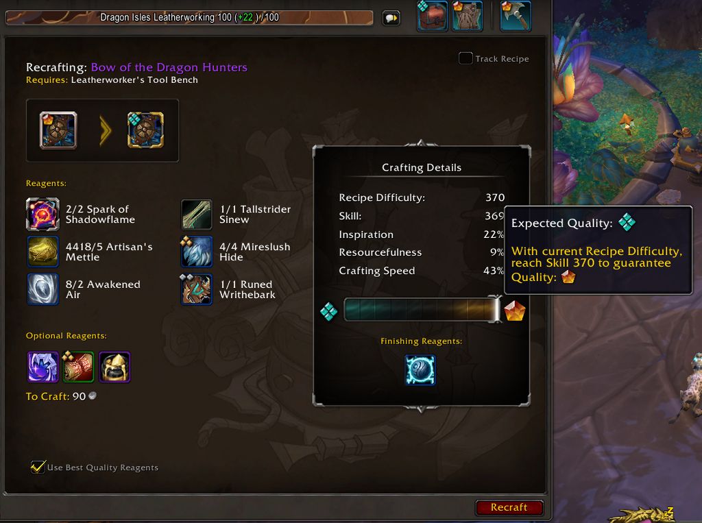 A screenshot of the leather working crafting window in the game World of Warcraft.