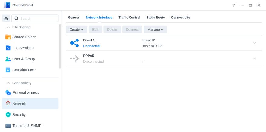 A screenshot showing the newly created interface Bond 1 in the Synology DSM control panel.
