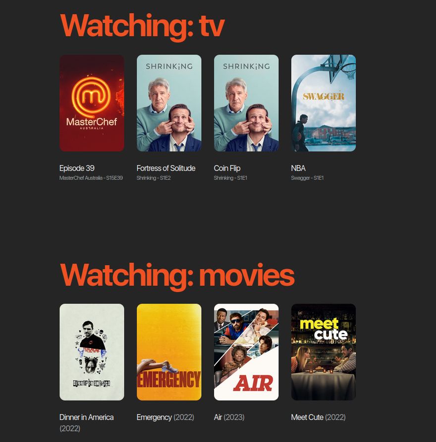 A screenshot of my now page showing my recently watched tv shows and movies in a grid display, now with beautiful poster art from TMDB.org.