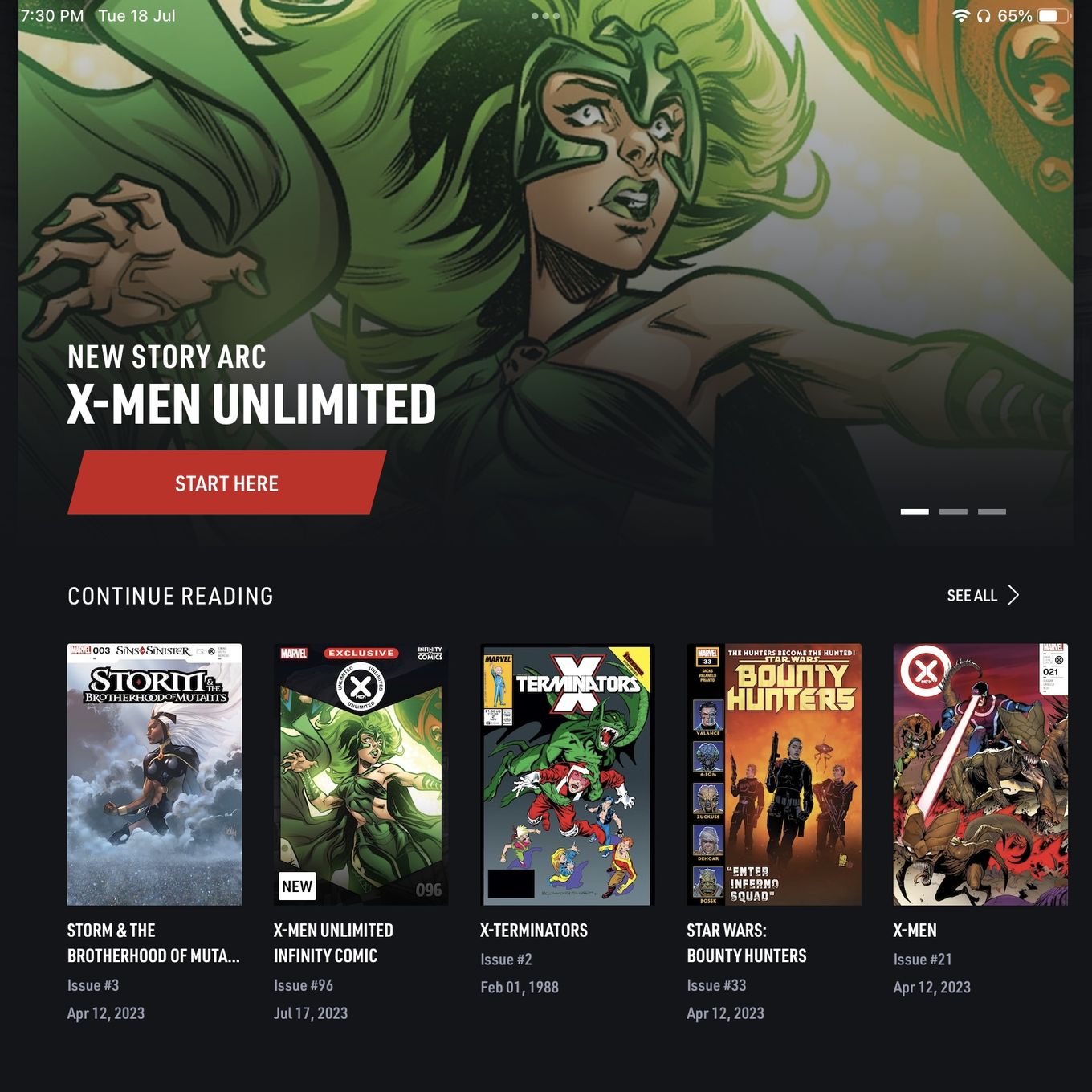 A screenshot of the the application, Marvel Unlimited showing the continue reading row.