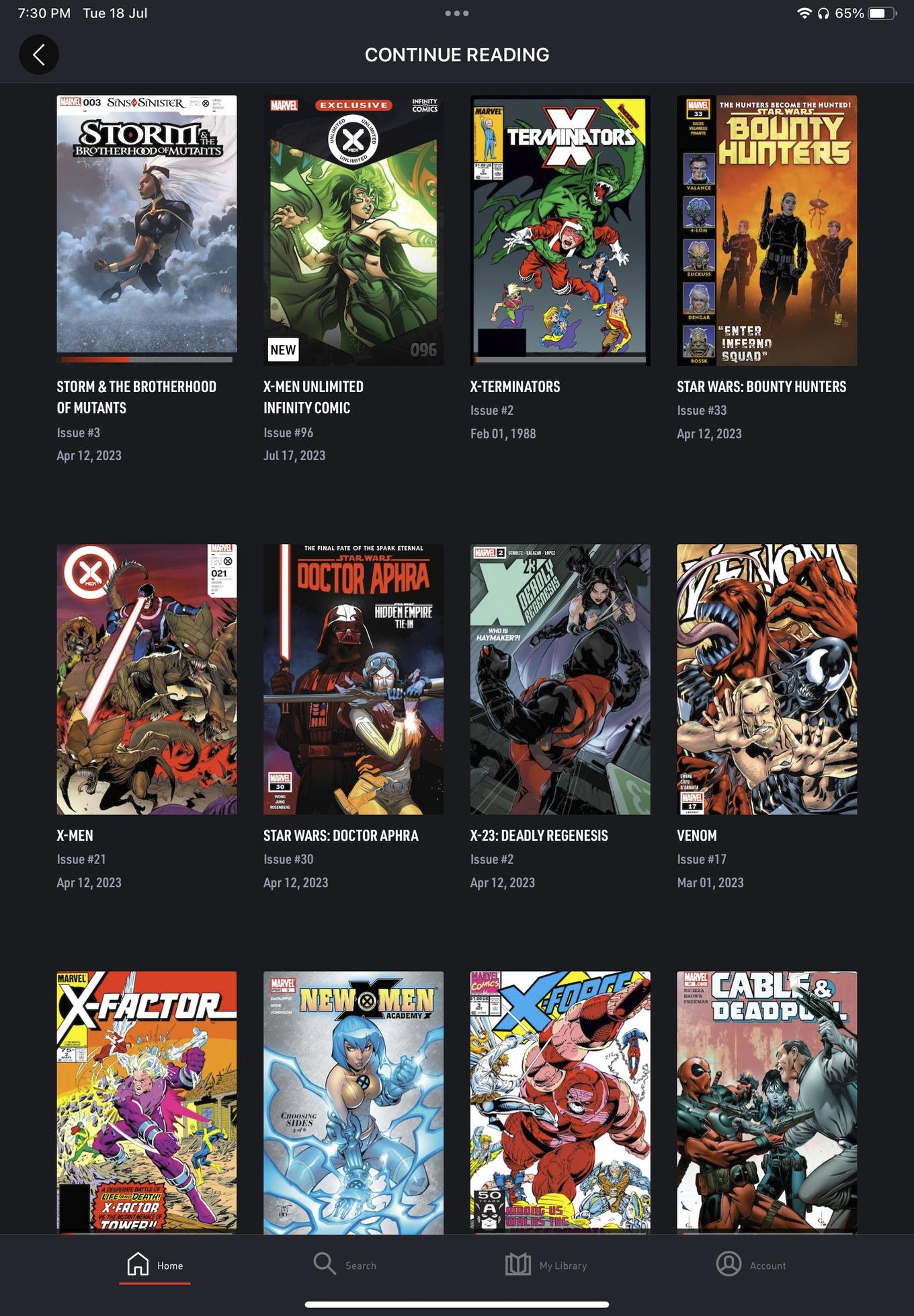 A screenshot of the the application, Marvel Unlimited showing the continue reading page.