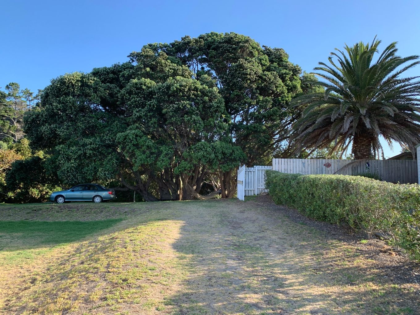 A car parked under a large fence at the end of a long grass driveway