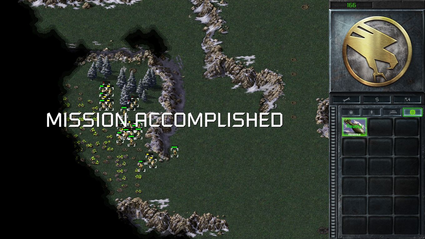 A screenshot of a GDI base with a lot of infantry units with the message Mission Accomlished